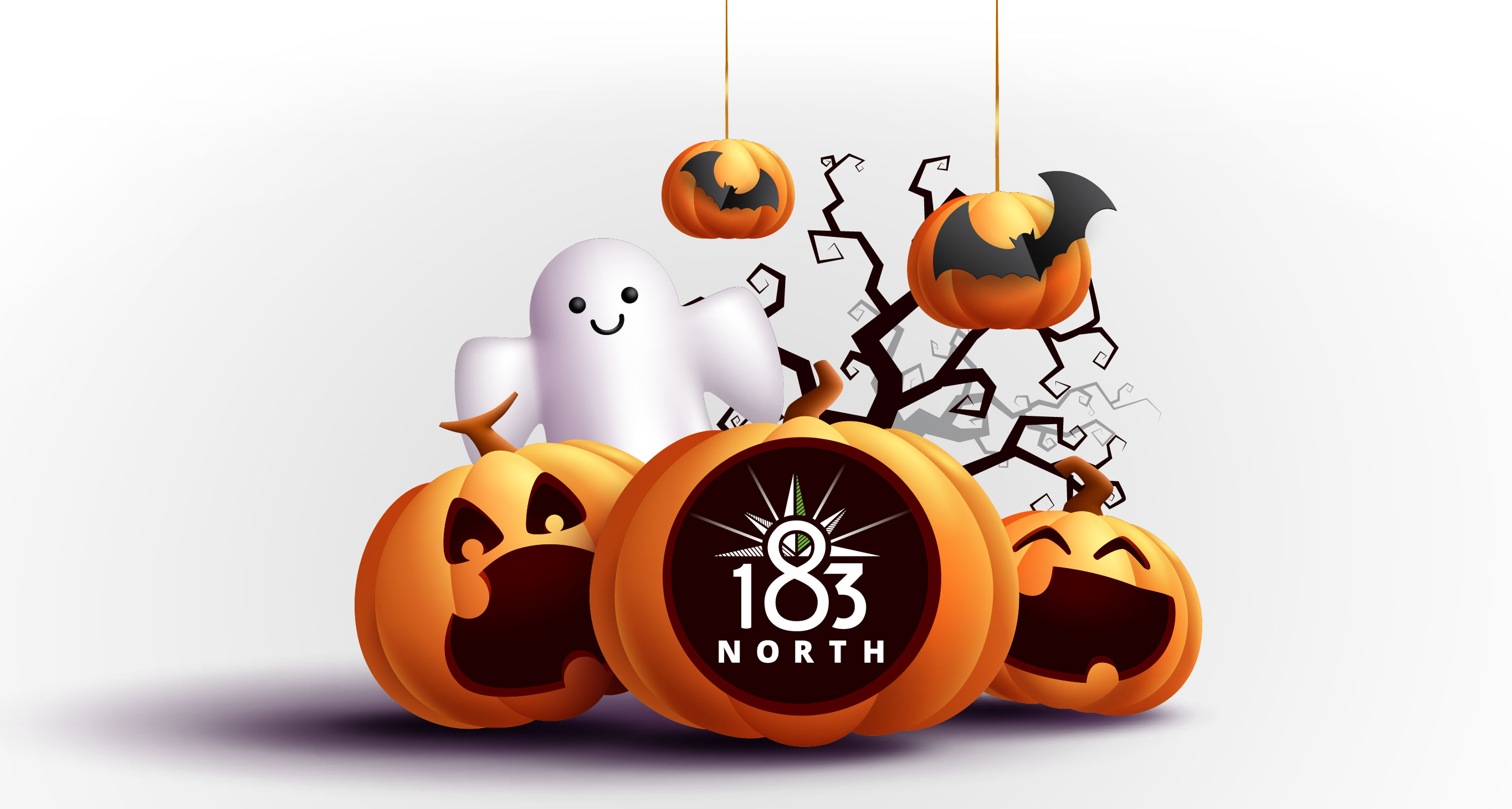 A graphic of a ghost and carved pumpkins. The center pumpkin contains the 183 North logo.